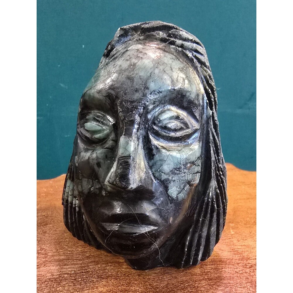 Primitive South American Style Carved Serpentine Stone Head 3"x2.5"x2"